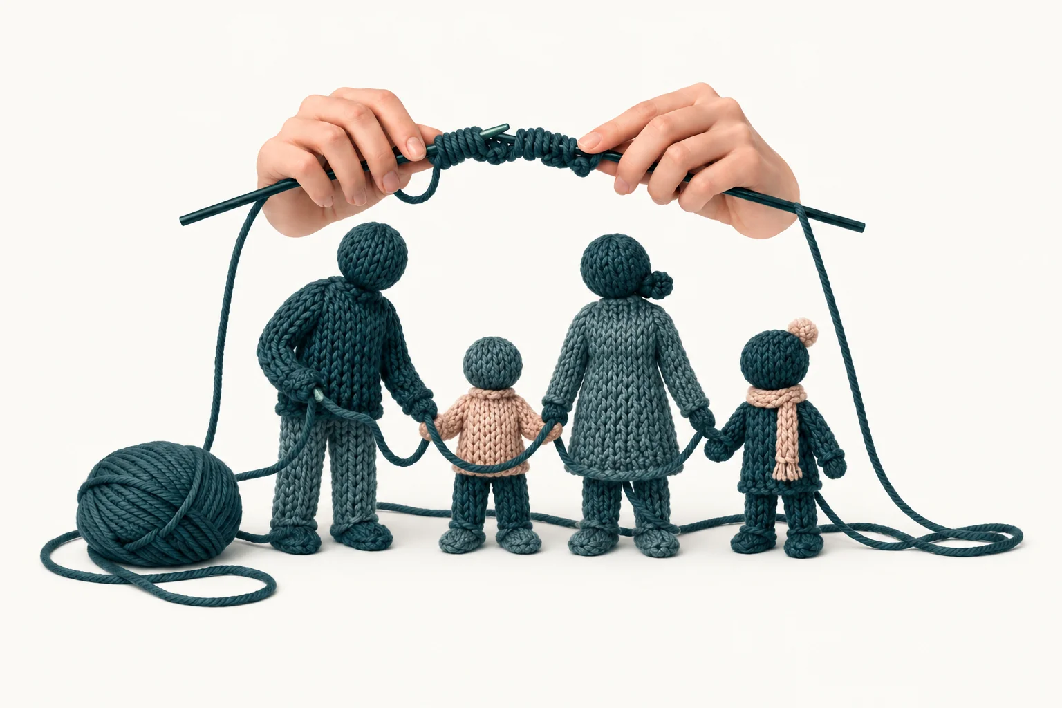 Knitted figures in teal and peach connected by a shared thread