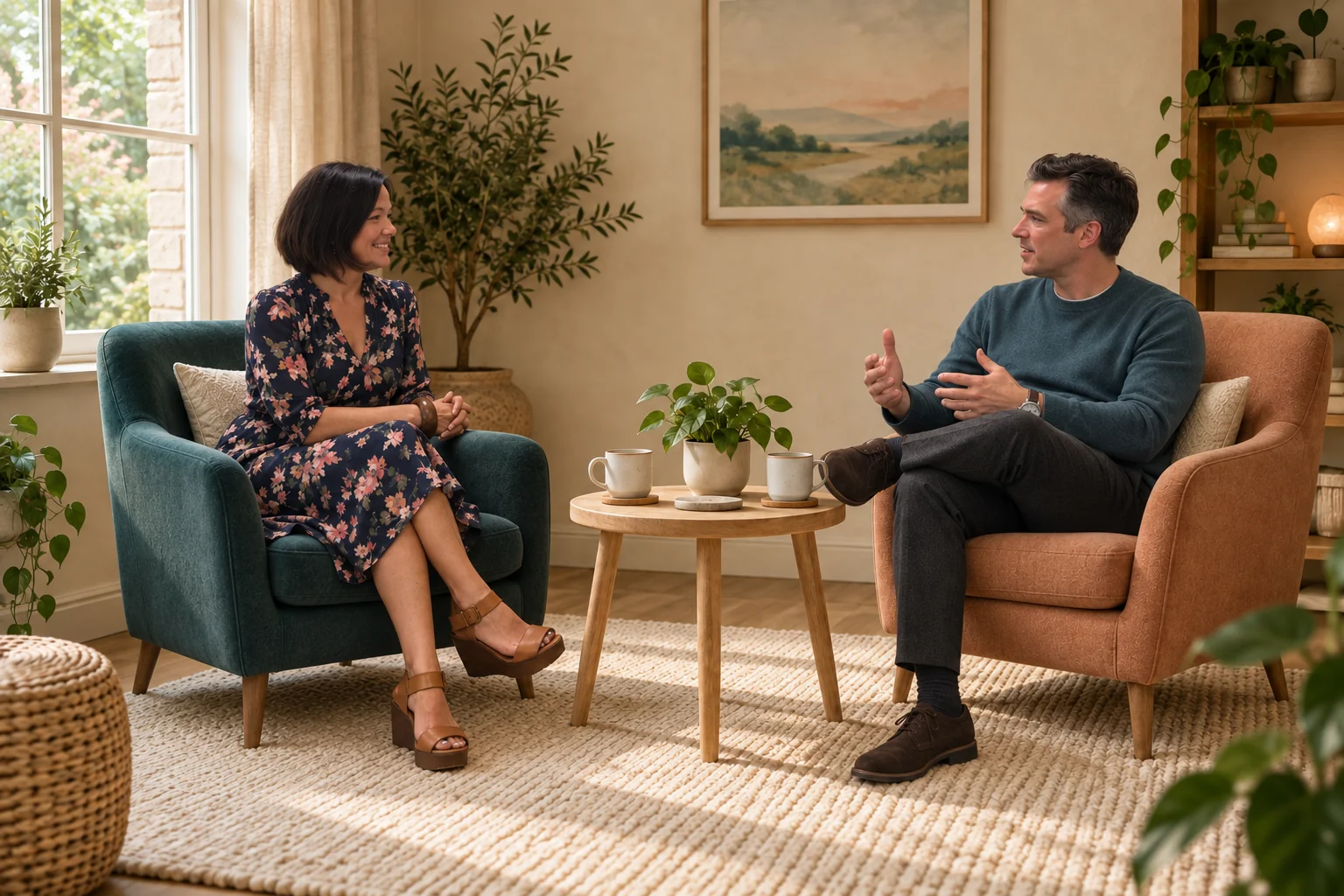 Illustrative scene of Jo and a man sharing a friendly conversation in teal and peach armchairs