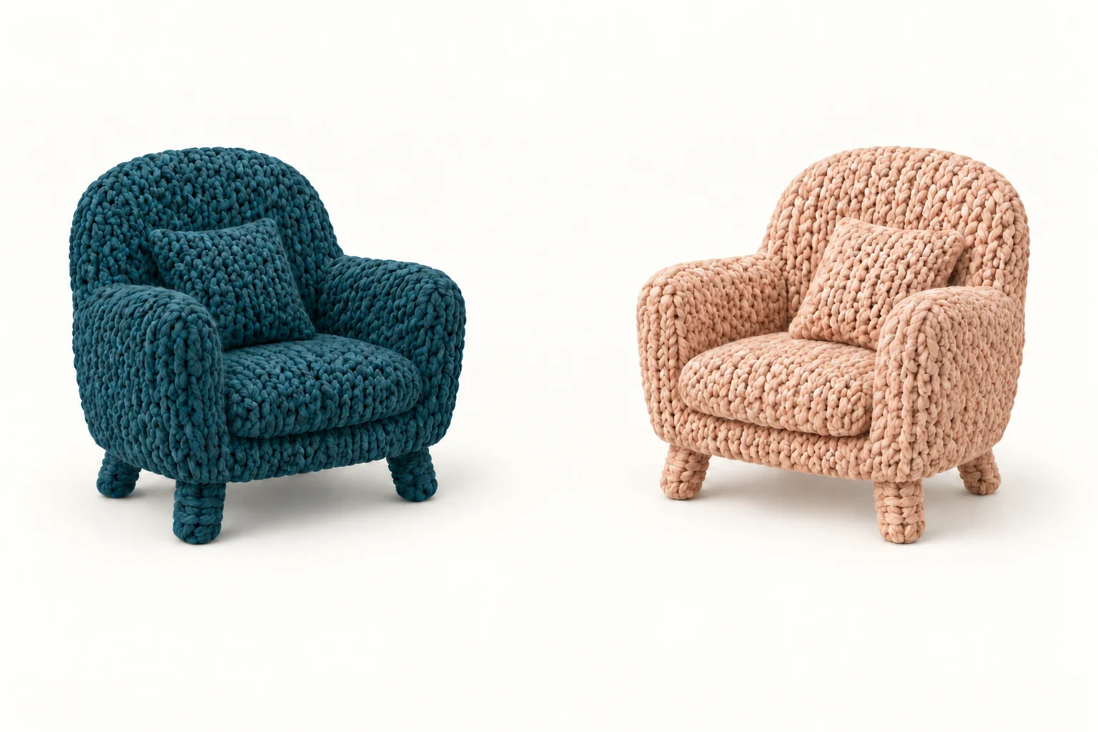 Two knitted armchairs in teal and peach