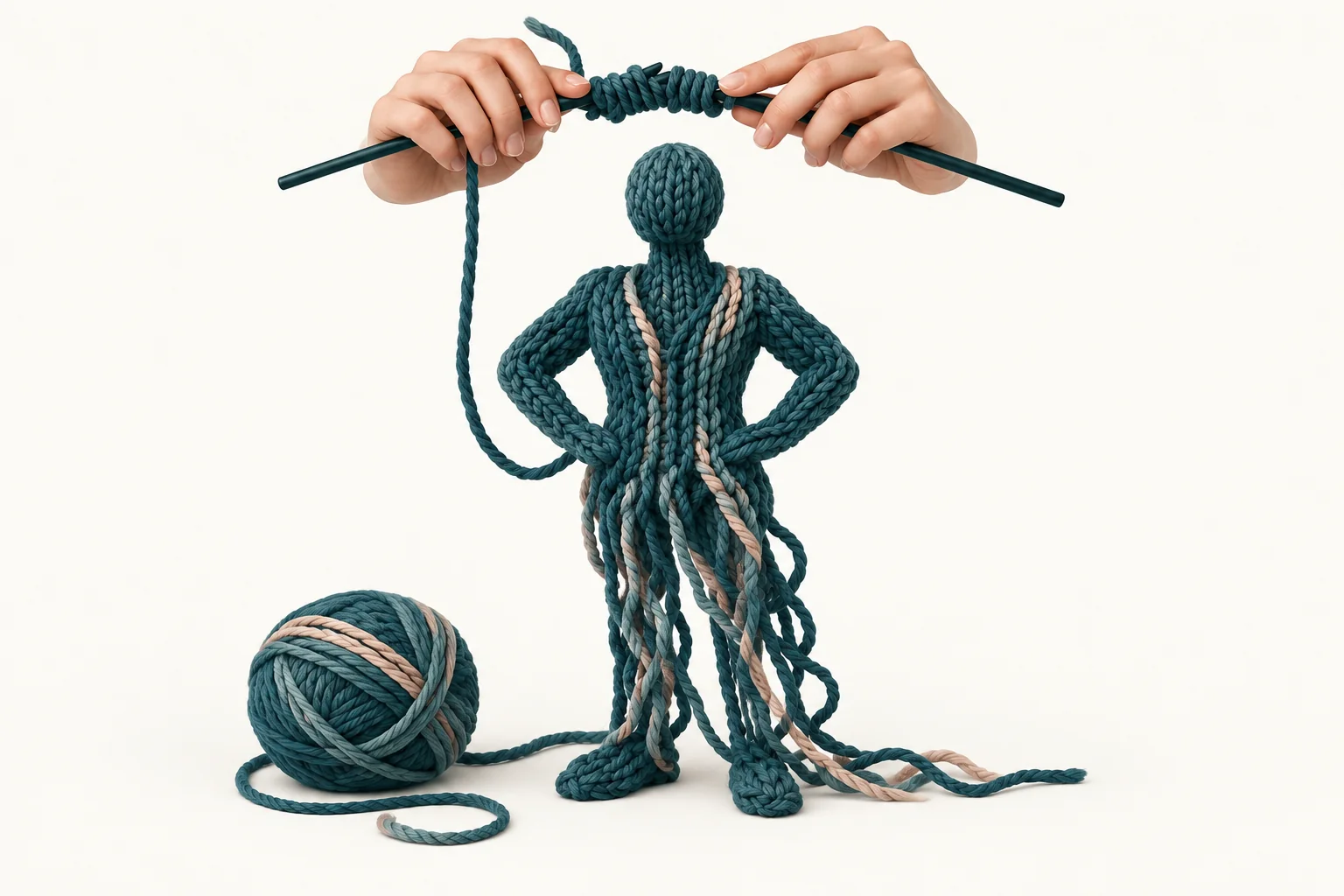 A teal knitted figure with peach accents being formed from yarn