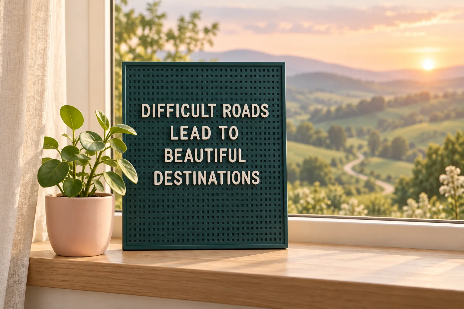 A teal letterboard beside a growing plant overlooking peaceful hills. The board reads: Difficult roads lead to beautiful destinations.