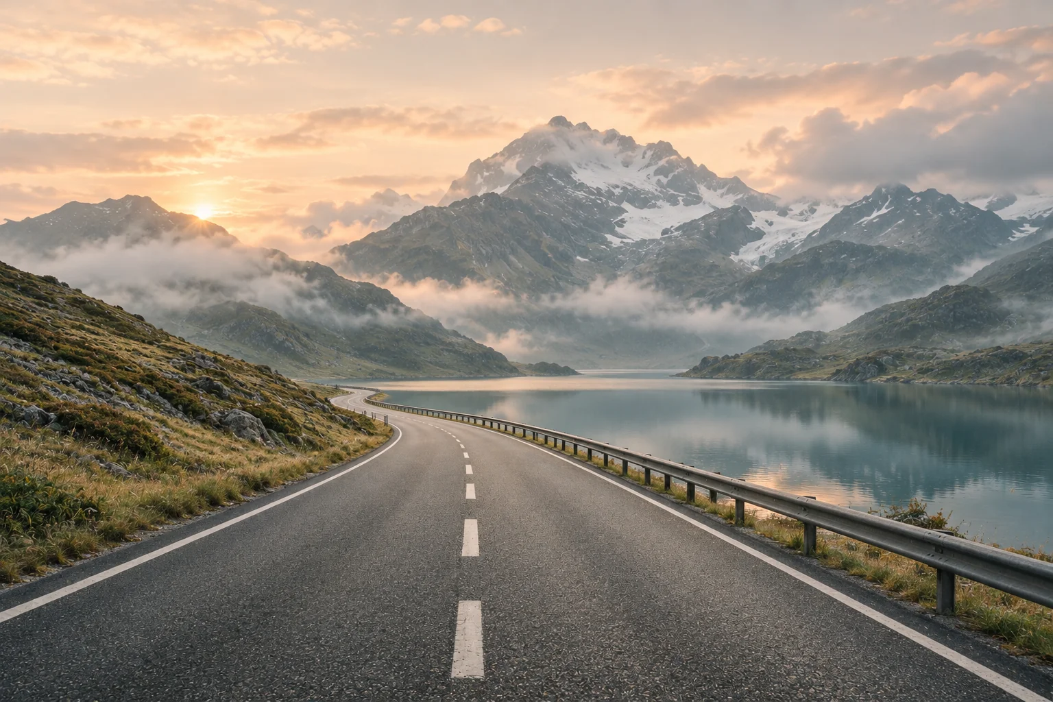 A quiet winding road beside a mountain lake beneath a soft peach sky